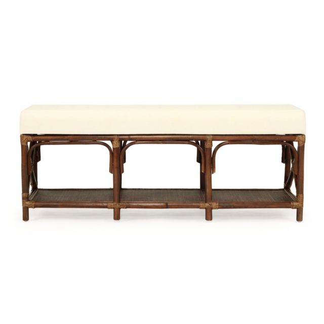 Belize Rattan Bed End Bench Seat Storage Ottoman with White Cushion in Espresso Finish