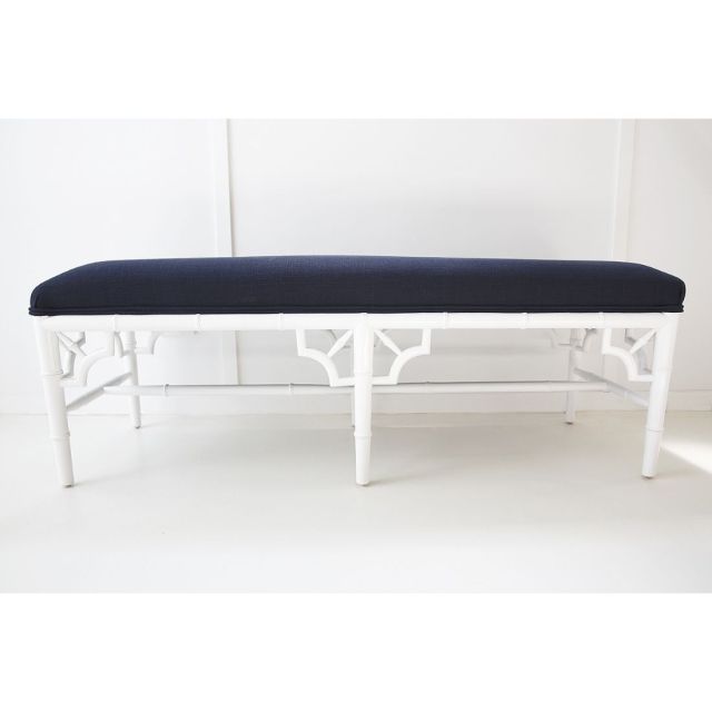 Chippendale White End of Bed Bench Seat Ottoman with Navy Cushion in Solid Mahogany Timber