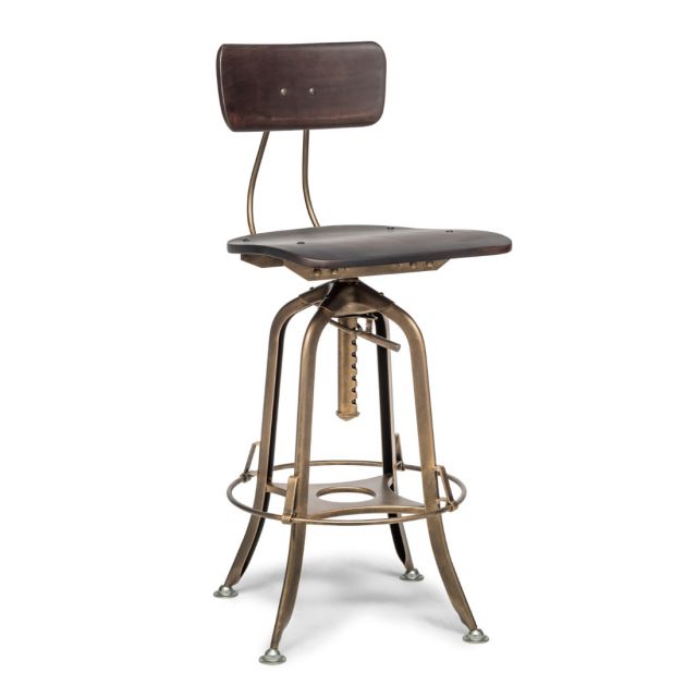 Dark French Brass Industrial Wooden Bar Stool Chair