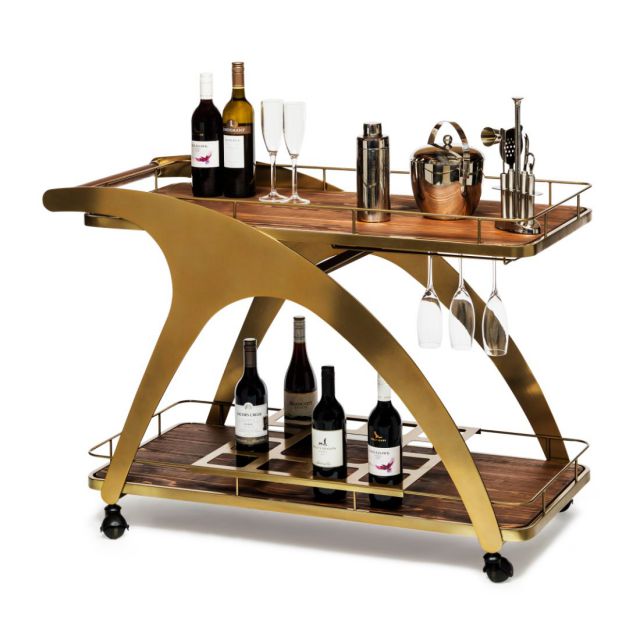 Wooden Drinks Serving Trolley in French Brass Colour