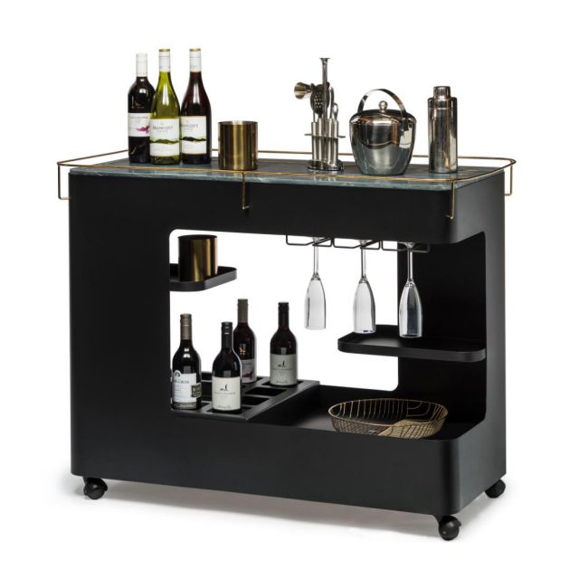Black Gold Bar Cabinet Cart Contemporary Drinks Trolley Wine Storage with Marble Top