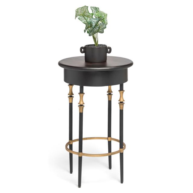 Round Gold Black Side Table with Finial Legs and Wood Top