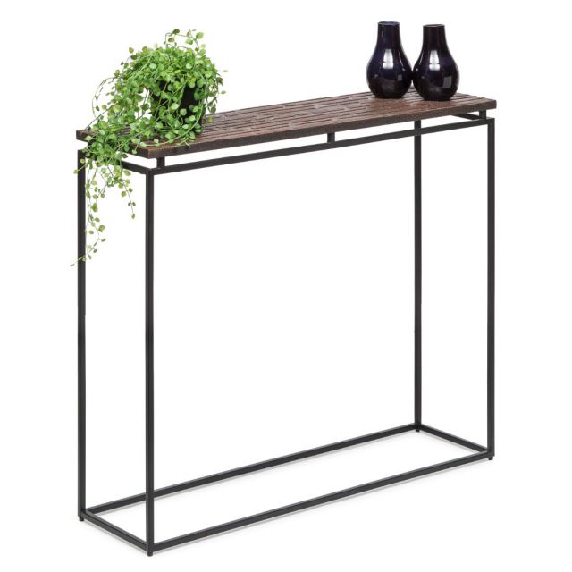 Black Narrow Hallway Console Table with Copper Textured Wood Top