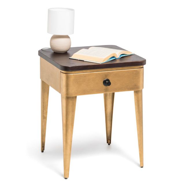 Modern Bedside Table with Storage Drawer and Wood Top in Brass Finish