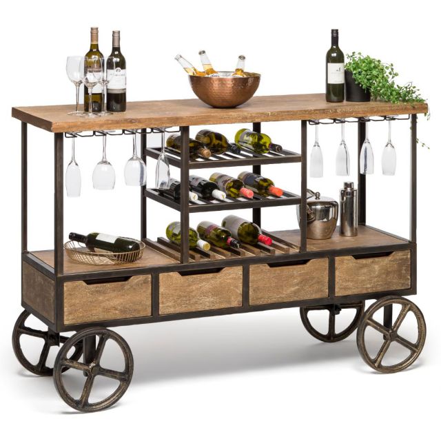 Industrial Multi-levelled Wooden Drinks Trolley Bar Cart with Wine Rack