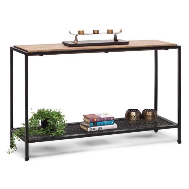 Black Hallway Console Table with 2 Shelves and Distressed Wood Top