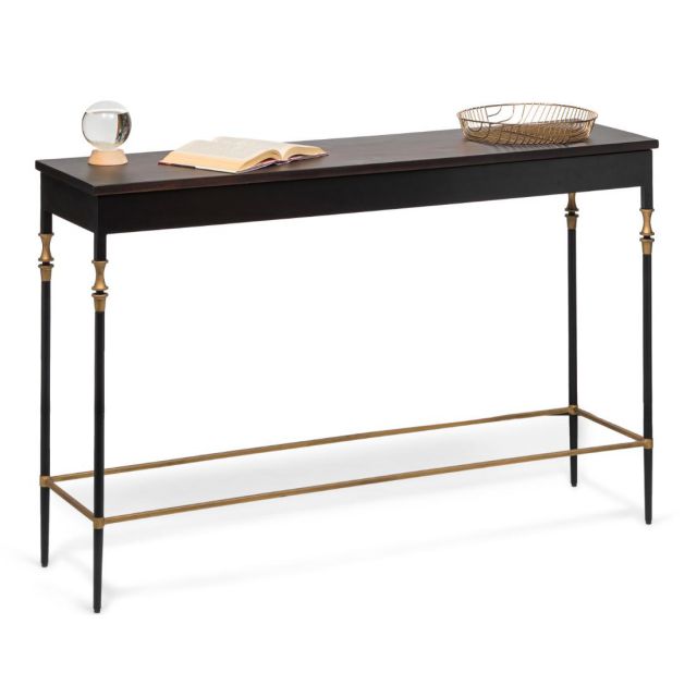Sleek Gold Black Hallway Console Table with Finial Legs and Wood Top