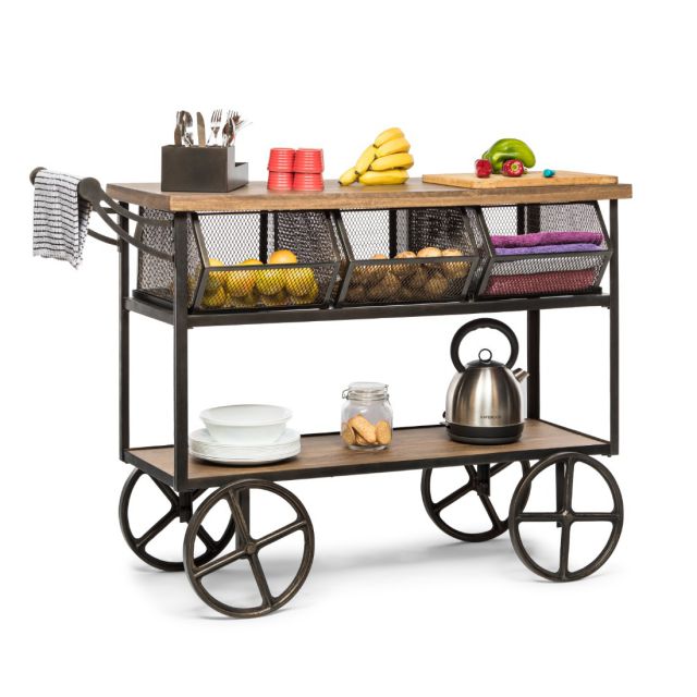 Kitchen Storage Wooden Iron Trolley with 3 Baskets