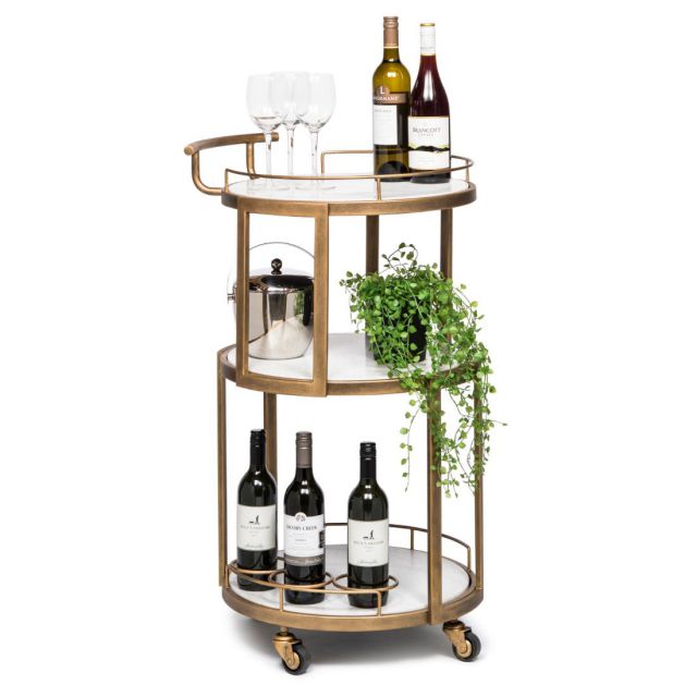 Round White Marble Bistro Drinks Trolley in French Brass