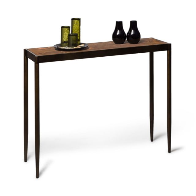 Slim Contemporary Hallway Console Table with Wood Top – Dark Brass
