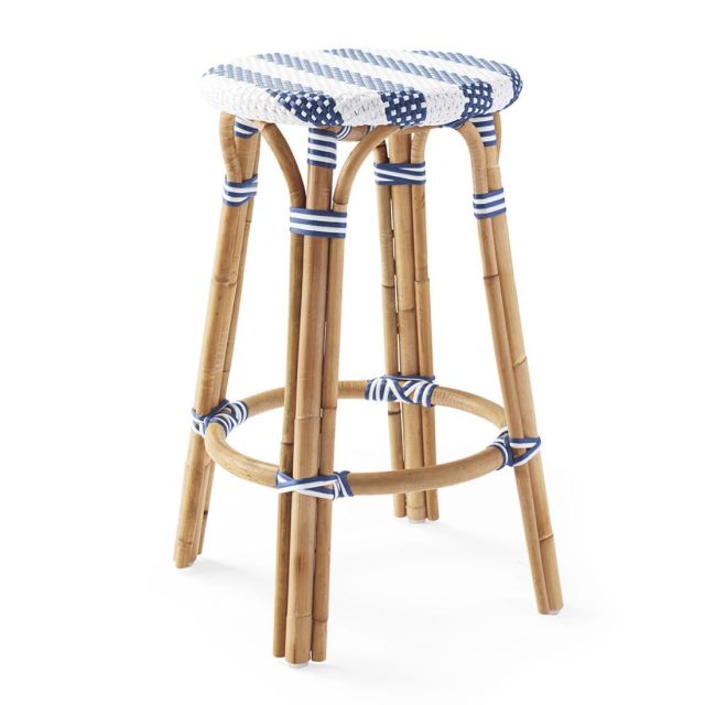 Sorrento Woven Natural Rattan White Kitchen Counter Bar Stool in Striped Navy Blue 66cm