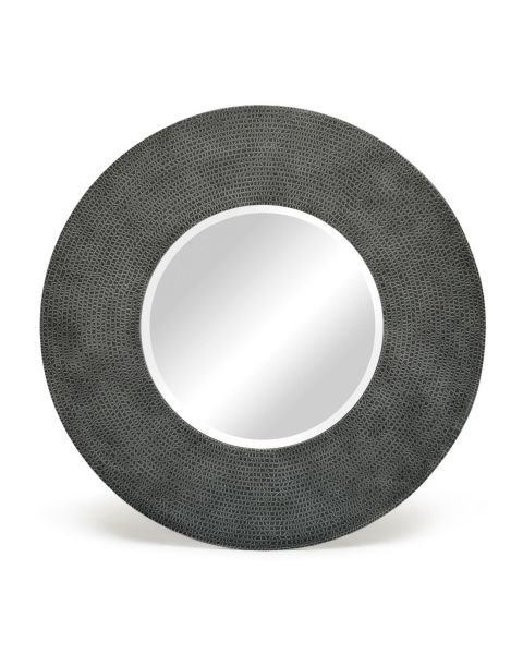 Round Black Silver Bevelled Wall Mirror with Iron Croc Pattern Frame