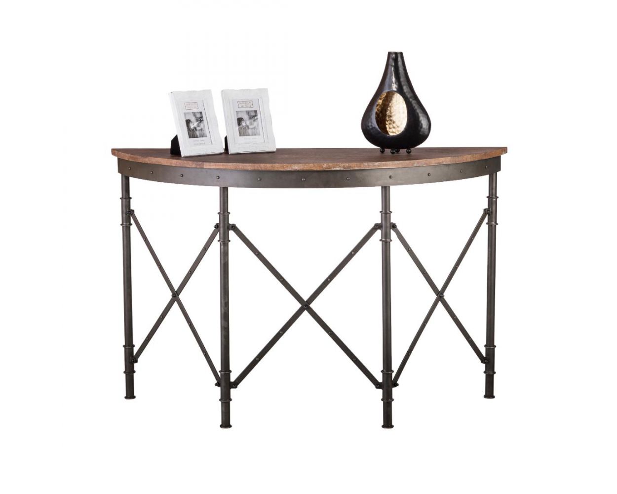 Half Round Iron Console Table With Rustic Wood Top