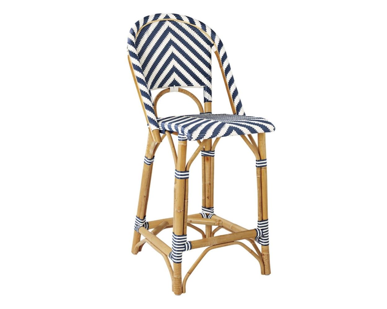 White Kitchen Counter Woven Rattan High Bar Stool With Back In Navy Blue Chevron 67cm 