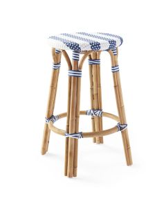 Sorrento Woven Natural Rattan White Kitchen Counter Bar Stool in Striped Navy Blue 66cm