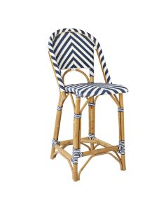 White Kitchen Counter Woven Rattan High Bar Stool with Back in Navy Blue Chevron 67cm