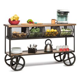 Kitchen Island Wooden Iron Trolley with 4 Basket Storage