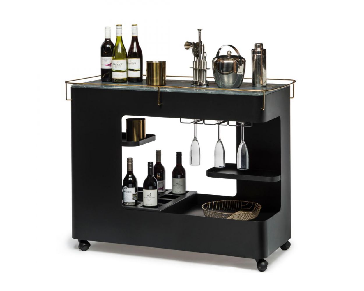 Lr 124 Black Gold Bar Cabinet Cart Contemporary Drinks Trolley Wine Storage With Marble Top 1 
