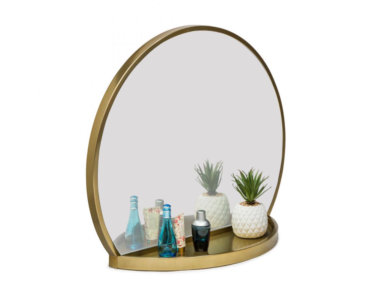 Round Arch Wall Table Mirror With Shelf In Brass Finish